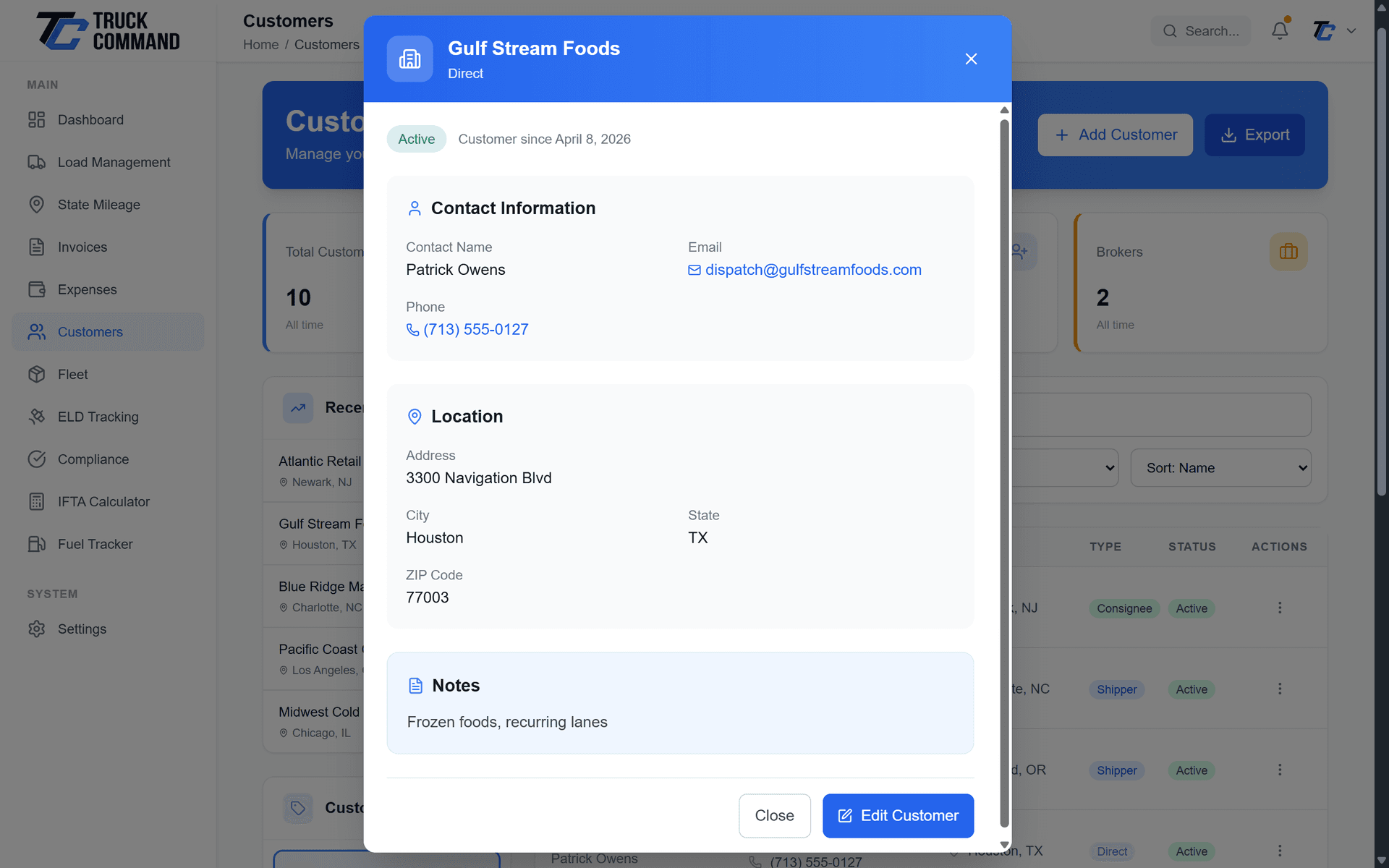Customer detail view showing contact info and load history