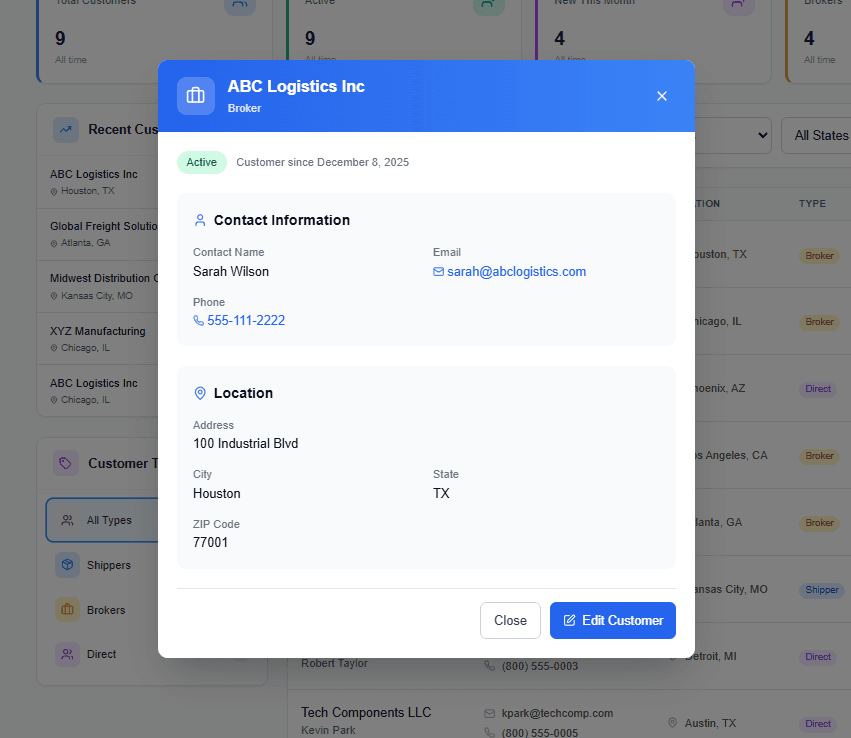 Customer detail view showing contact info and history