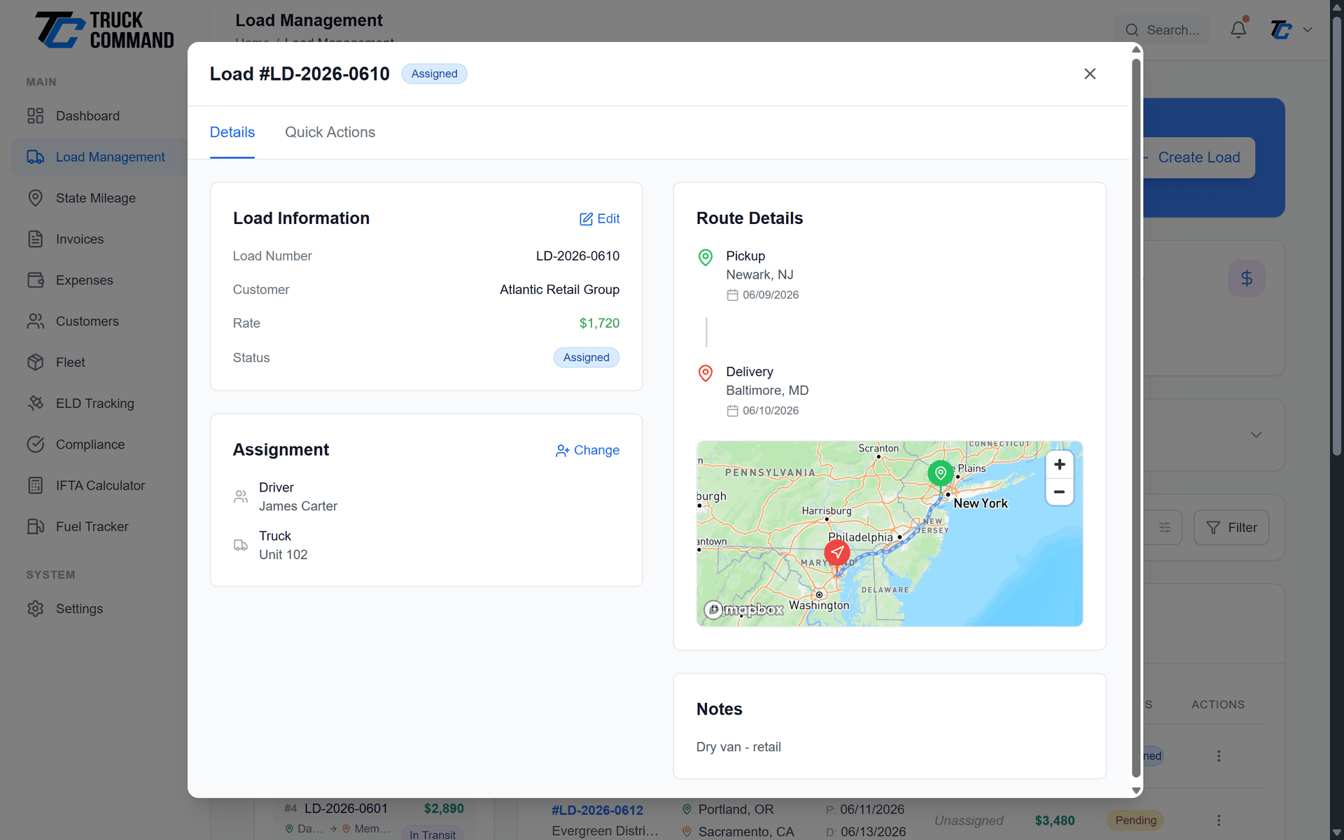 Load detail view showing assignment, route information, and driver details