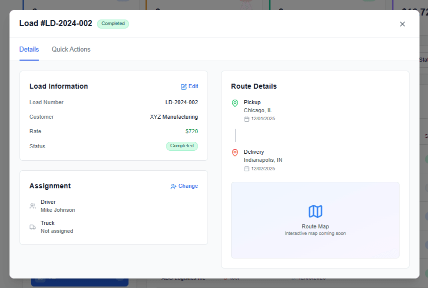 Load detail view showing assignment, route information, and driver details