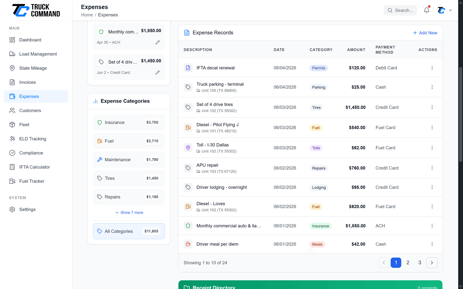Expense list with filtering and search capabilities