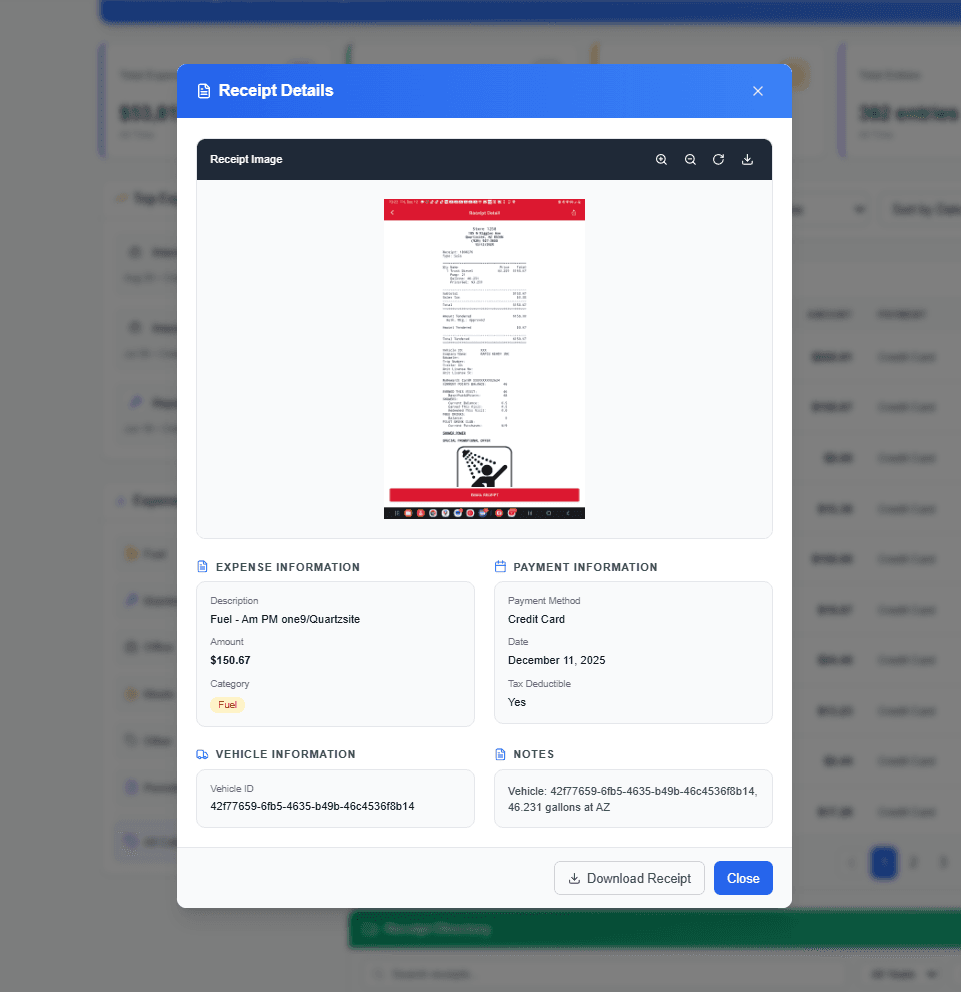 Expense detail showing attached receipt preview