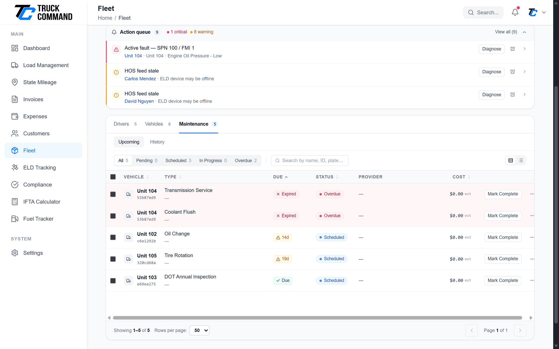 Maintenance records showing service history and upcoming maintenance
