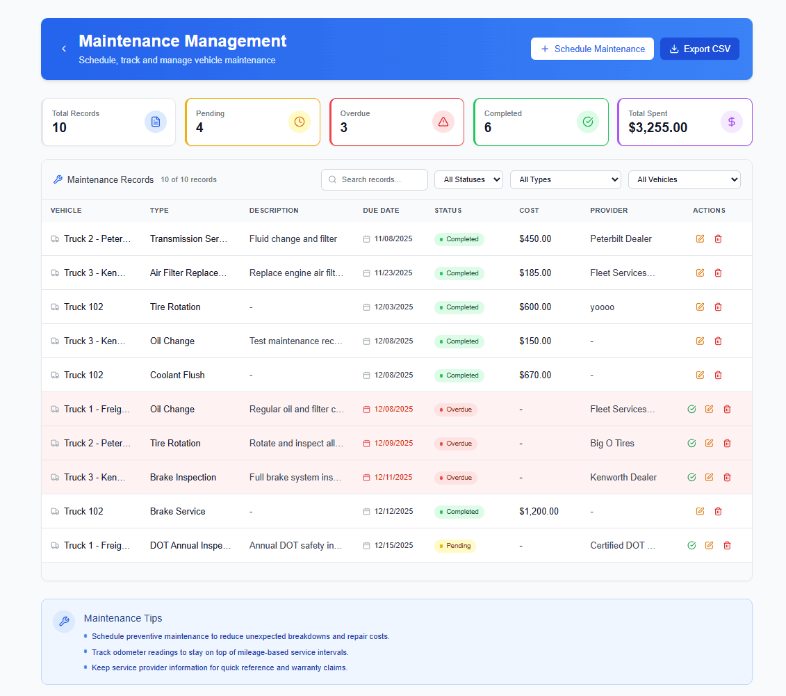 Maintenance records showing service history and upcoming maintenance