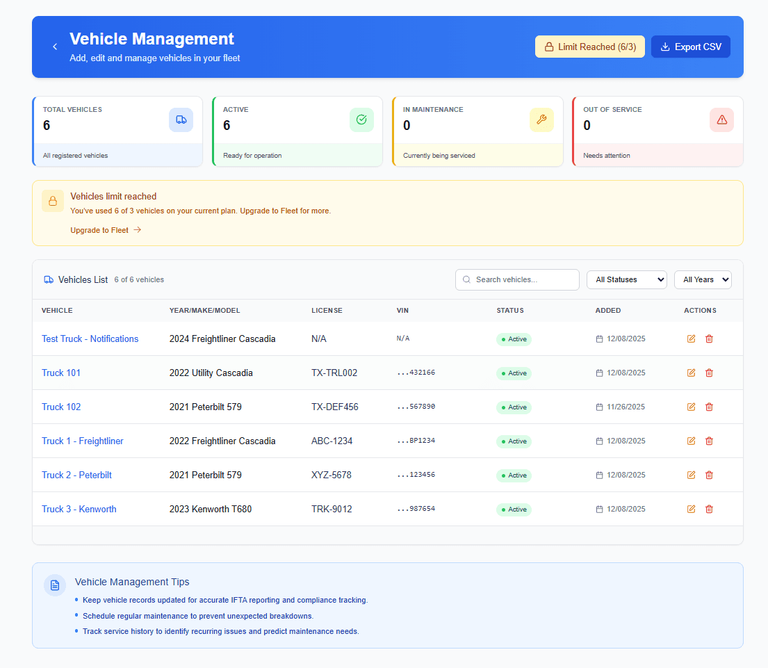 Vehicle list showing all trucks with status and mileage
