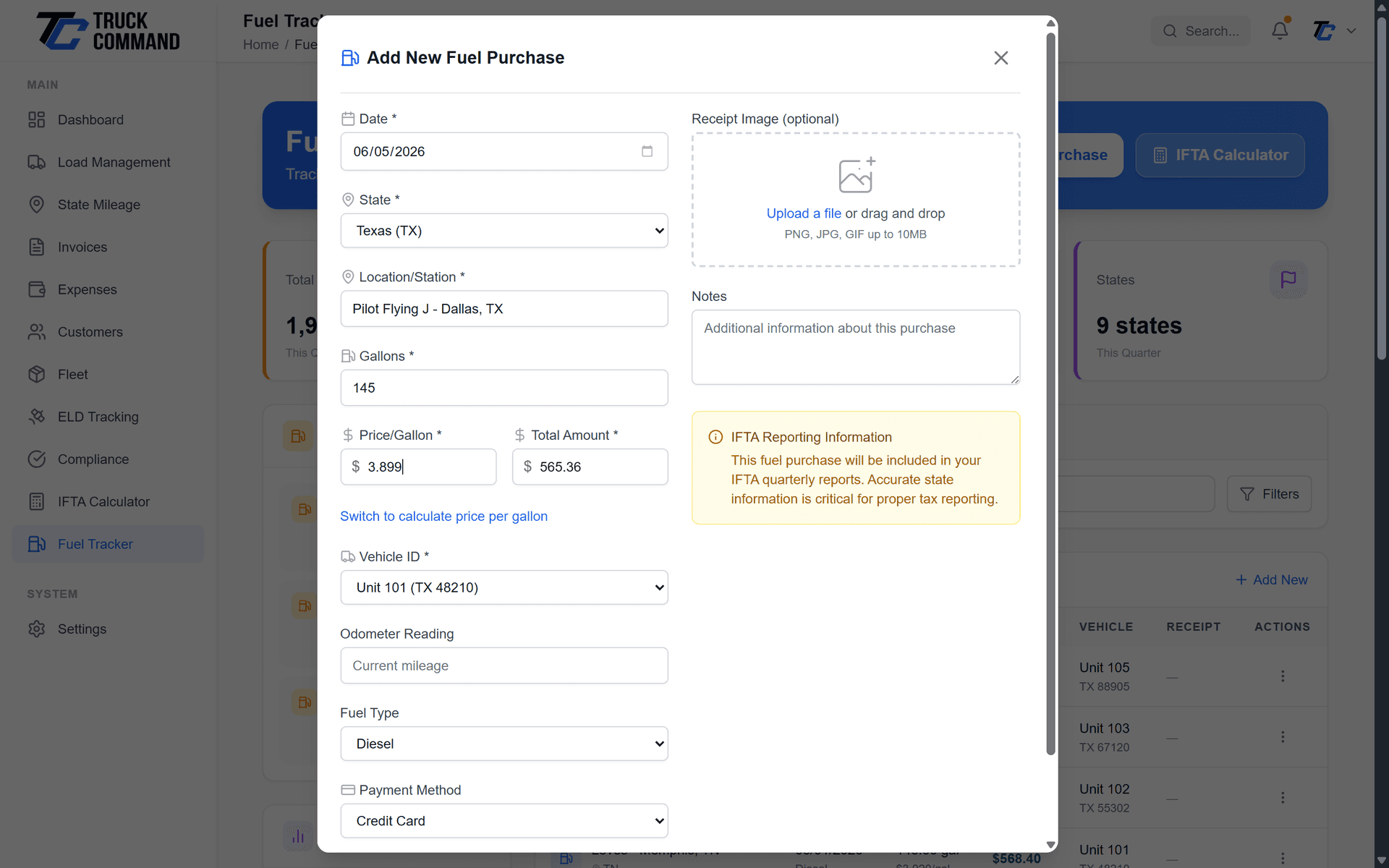 Fuel entry form for logging purchases with location and receipt upload