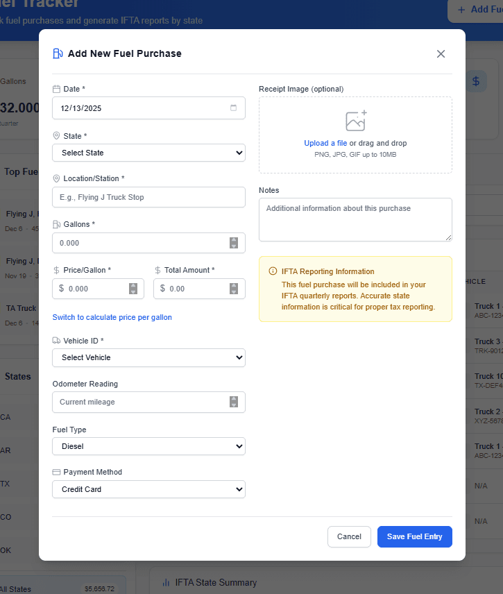 Fuel entry form for logging purchases with location and receipt upload