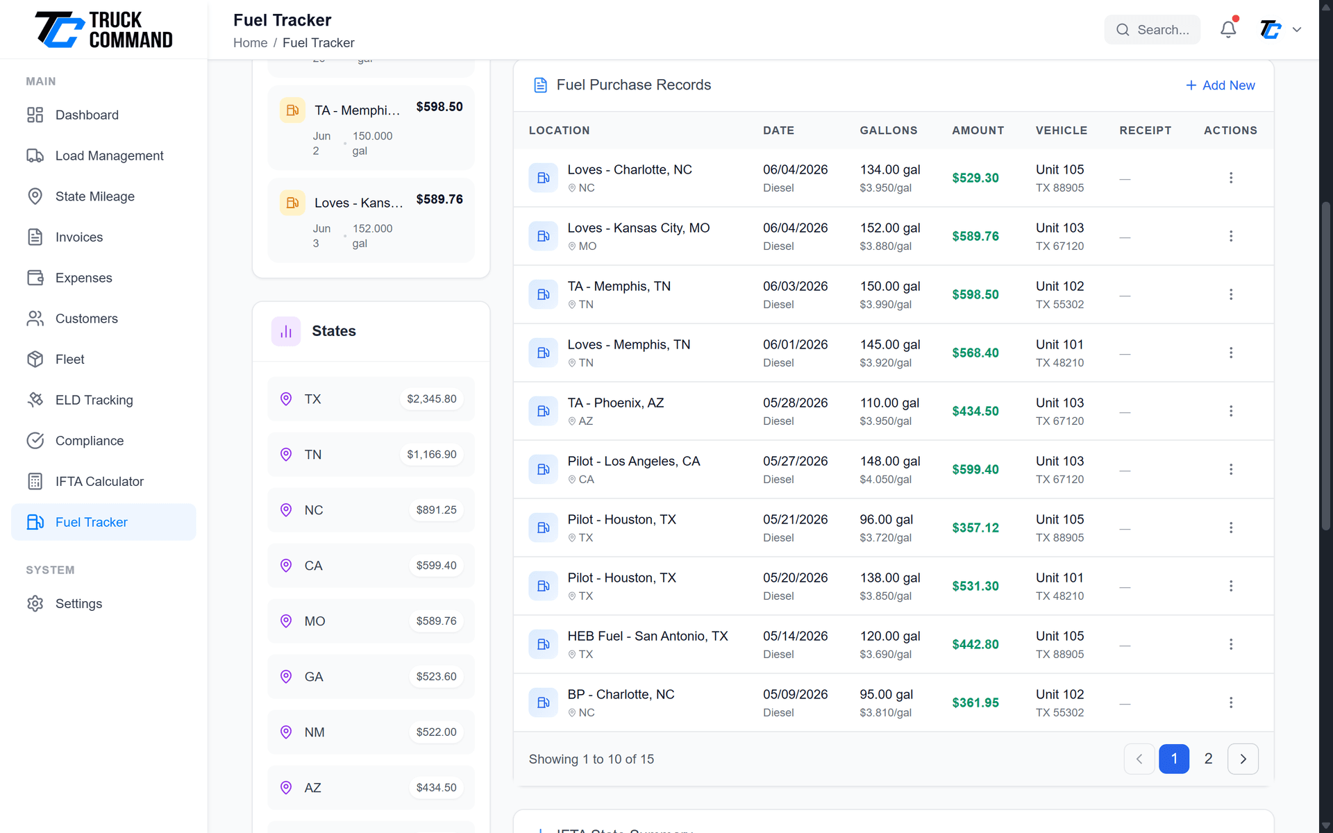 Fuel entries list showing MPG calculations and cost analysis