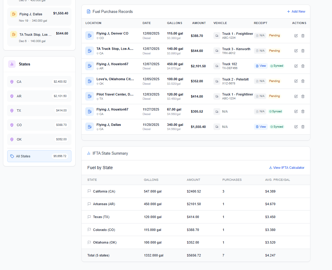 Fuel entries list showing MPG calculations and cost analysis