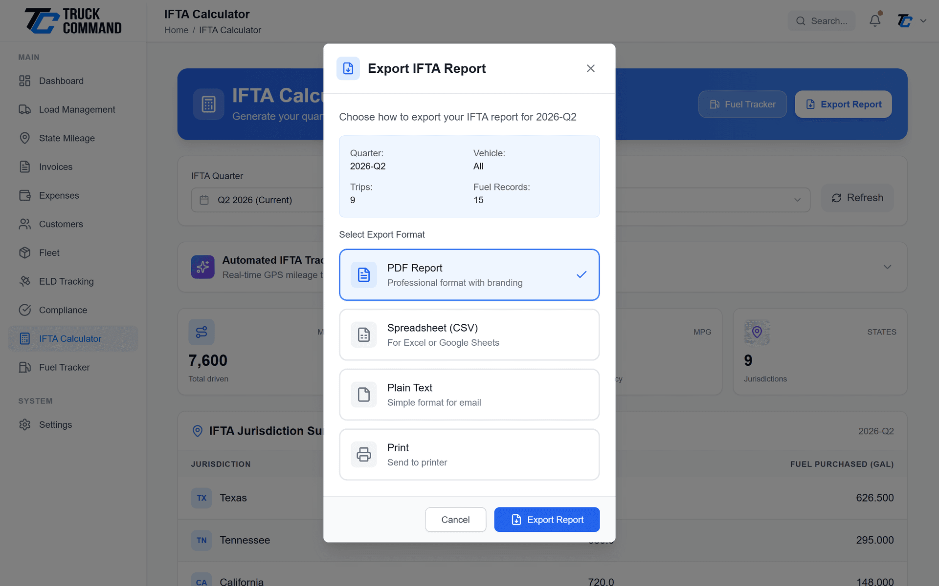 IFTA report export showing filing-ready quarterly summary