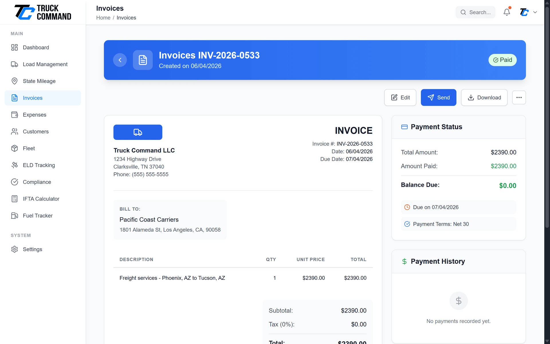 Invoice detail view with PDF preview, email delivery, and payment recording options