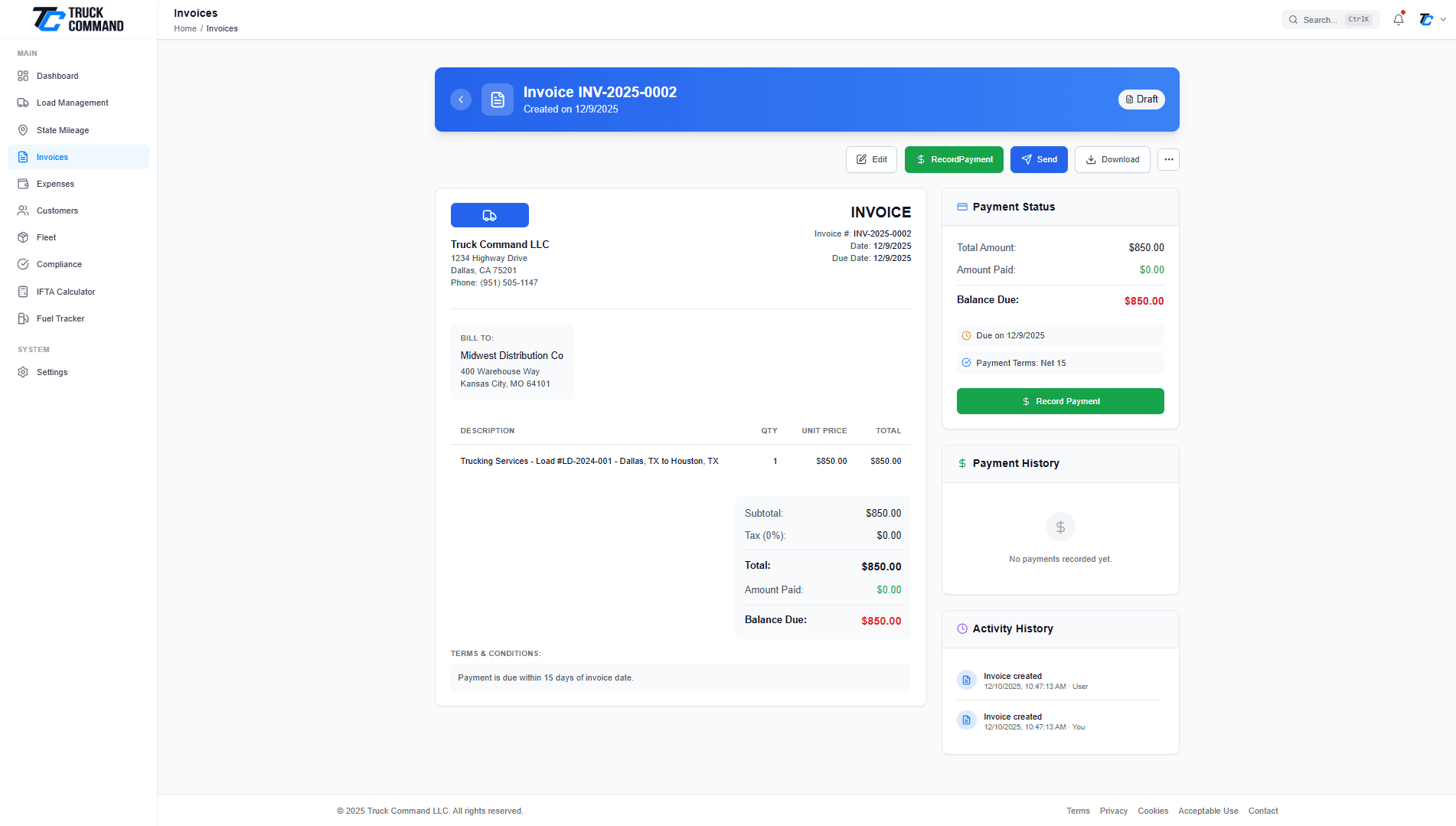 Invoice detail view with PDF preview, email delivery, and payment recording options