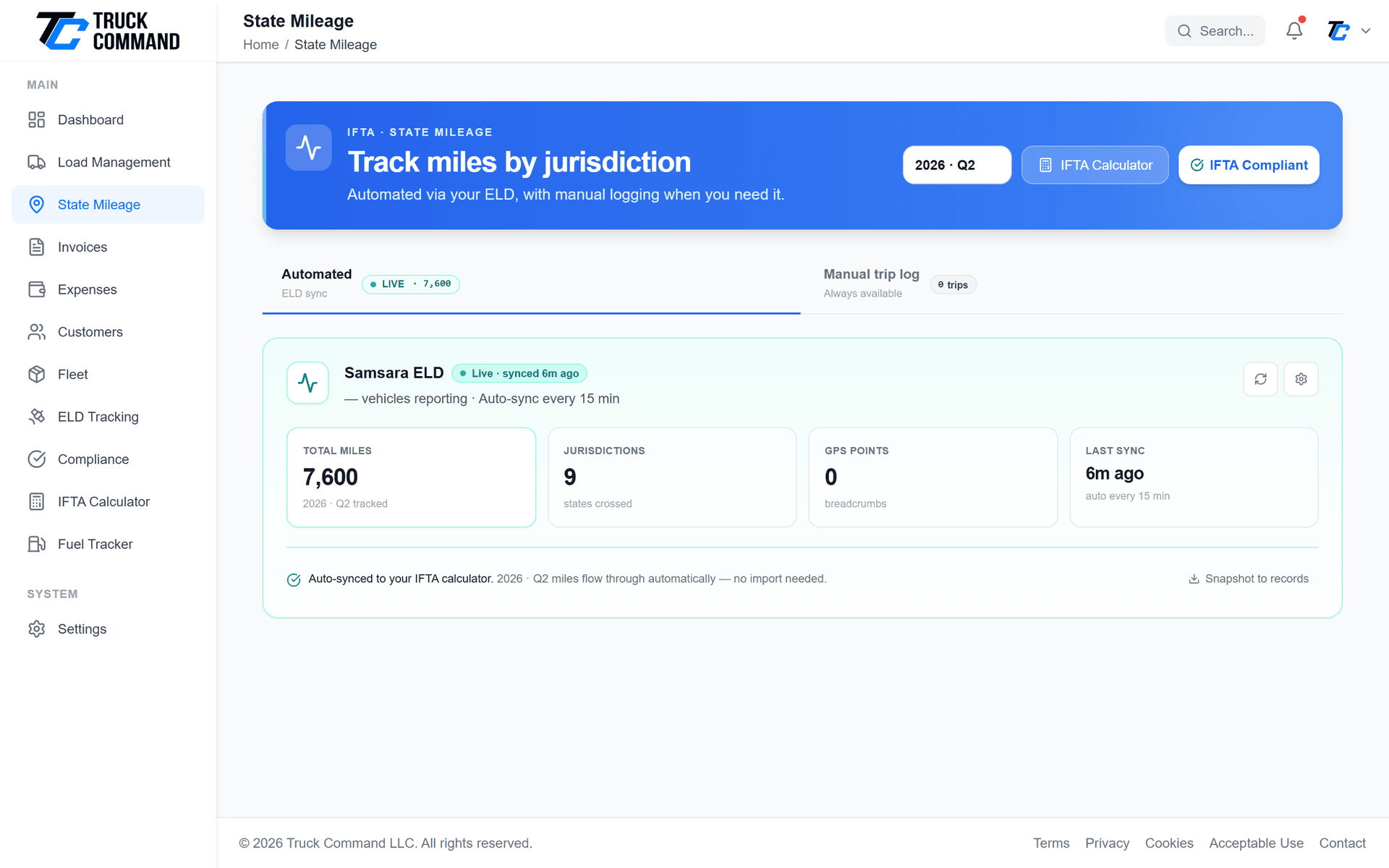 State mileage dashboard showing miles tracked by jurisdiction